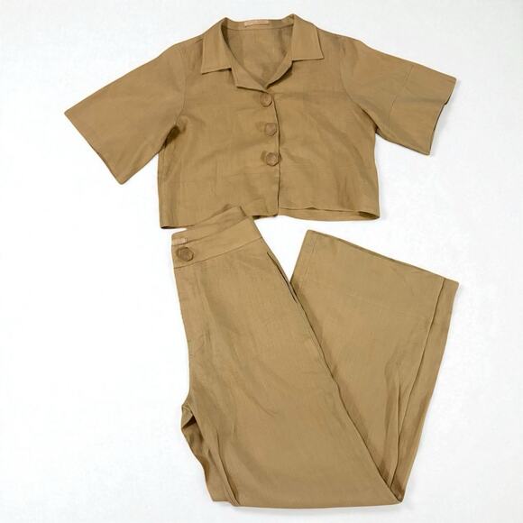 Carol Bassi 100% Linen 2 Piece Outfit Suit Med Short Slv Tan Wide Leg Lagenlook - Picture 1 of 15